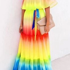 Levency New In Gradient Off Shoulder Belted Maxi Dress