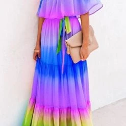Levency New In Gradient Off Shoulder Belted Maxi Dress