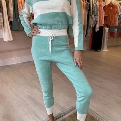 Levency New In Color Block Zipper Drawstring Hoodie Pants Set