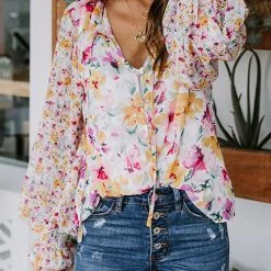 Levency Floral Button Cuffed Sleeve Blouse