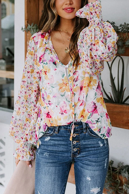 Levency Floral Button Cuffed Sleeve Blouse 1 Levency Floral Button Cuffed Sleeve Blouse