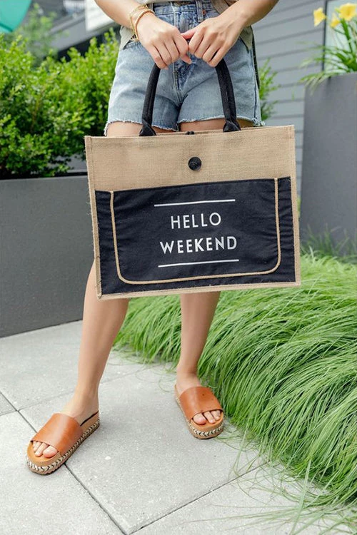 Levency HELLO WEEKEND Jute Tote Bag 10 Levency HELLO WEEKEND Jute Tote Bag