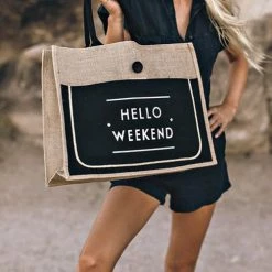 Levency HELLO WEEKEND Jute Tote Bag