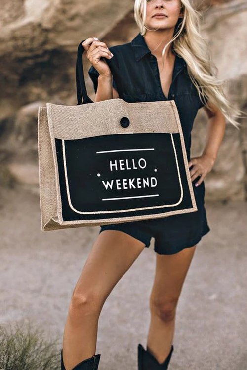 Levency HELLO WEEKEND Jute Tote Bag 2 Levency HELLO WEEKEND Jute Tote Bag
