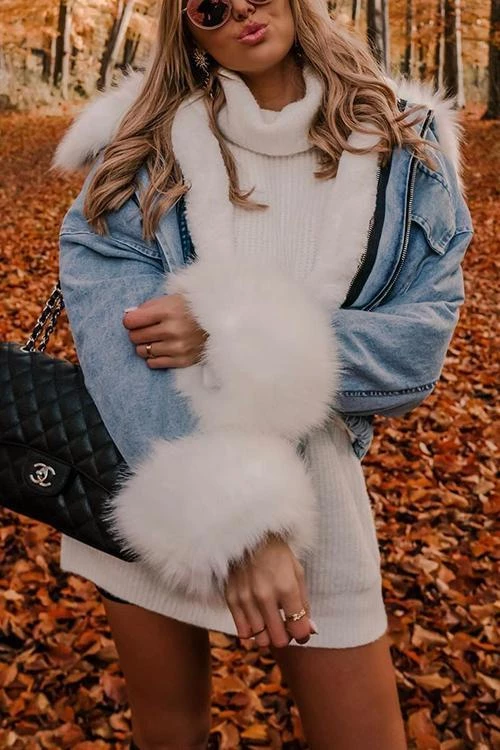 Levency Detachable Fuzzy Faux Fur Collar Denim Coat New In 10 Levency Detachable Fuzzy Faux Fur Collar Denim Coat New In