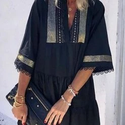 Levency New In Print Tassels V Neck Mini Dress