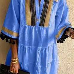 Levency New In Print Tassels V Neck Mini Dress