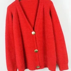 Levency Fuzzy Button V Neck Cardigan