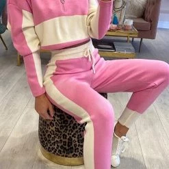 Levency New In Color Block Zipper Drawstring Hoodie Pants Set