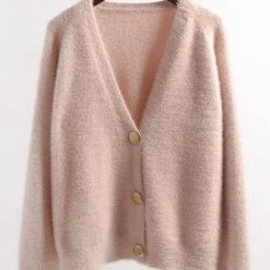 Levency Fuzzy Button V Neck Cardigan