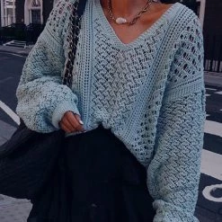 Levency New In Hollow V Neck Puff Sleeve Sweater