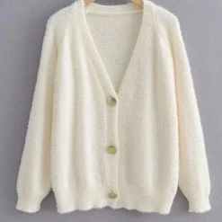 Levency Fuzzy Button V Neck Cardigan