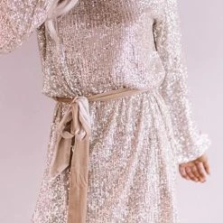 Levency Sequin Belted Long Sleeve Mini Dress
