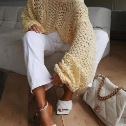 Levency New In Hollow V Neck Puff Sleeve Sweater