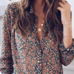 Levency Print Button Long Sleeve Blouse