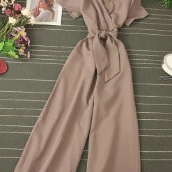 Levency Bow Tie V Neck Short Sleeve Jumpsuit