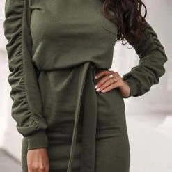 Levency New In Wrinkle Long Sleeve Belted Mini Dress