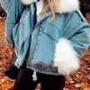 Levency Detachable Fuzzy Faux Fur Collar Denim Coat New In