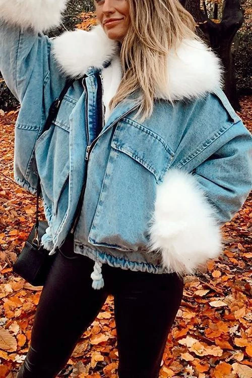 Levency Detachable Fuzzy Faux Fur Collar Denim Coat New In 1 Levency Detachable Fuzzy Faux Fur Collar Denim Coat New In