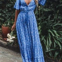 Levency Floral Print Short Sleeve Maxi Dress
