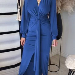 Levency Deep V Neck Slit Hem Knotted Maxi Dress