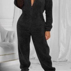 Levency Fuzzy Hoodie Collar Jumpsuit Pajamas
