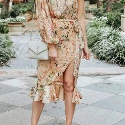 Levency New In One Shoulder Print Split Ruffle Calf Length Dress