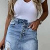 Levency Button Irregular Denim Holes Mini Skirt