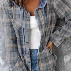 Levency New In Flannel Plaid Button Down Hoodie Top