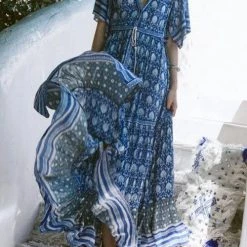 Levency Print V Neck Short Sleeve Maxi Dress
