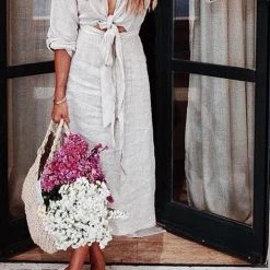 Levency Knot V Neck Linen Dress