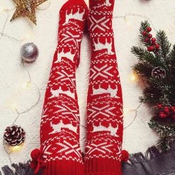 Levency New In Christmas Elk Over Knee Knitted Hairball Socks