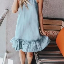 Levency New In Ruffles Hem Denim Slip Mini Dress