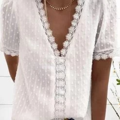 Levency Lace V Neck Puff Short Sleeves Blouses 33 Levency Lace V Neck Puff Short Sleeves Blouses
