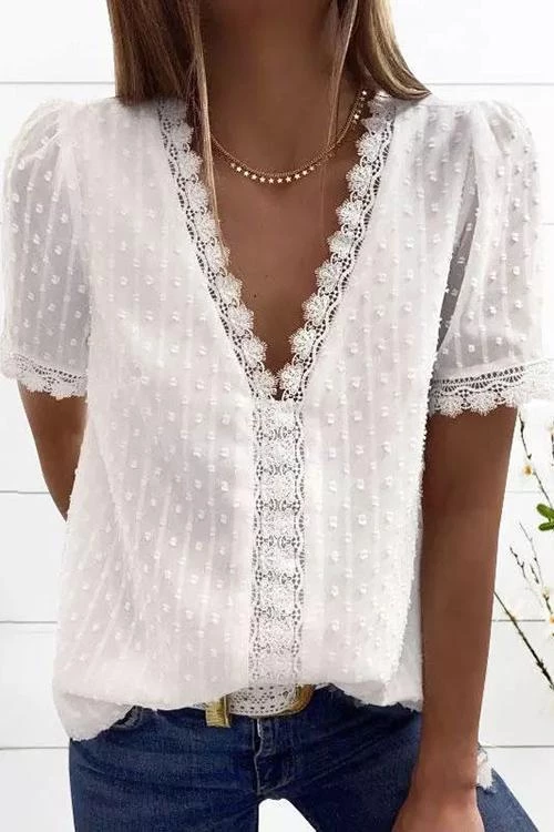 Levency Lace V Neck Puff Short Sleeves Blouses 17 Levency Lace V Neck Puff Short Sleeves Blouses