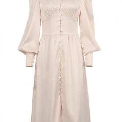 Levency Satin Button Puff Long Sleeve Dress
