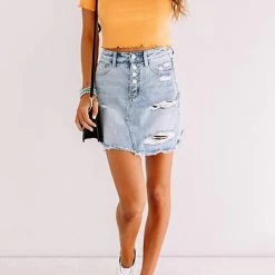 Levency Button Irregular Denim Holes Mini Skirt