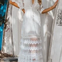 Levency Lace V Neck Open Back Maxi Dress New In