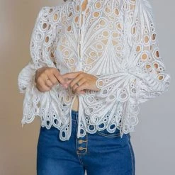 Levency New In Hollow Lace Button Up Top