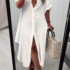 Levency Solid Color Round Neck Button Up Dress New In