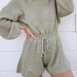 Levency O Neck Puff Long Drawstring Sweater Romper