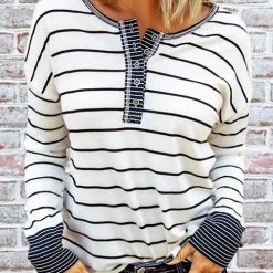 Levency New In Button Neck Stripe Long Sleeve T Shirt