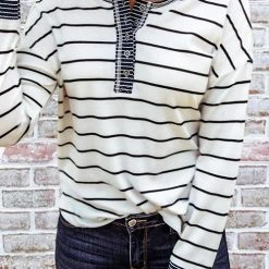 Levency New In Button Neck Stripe Long Sleeve T Shirt