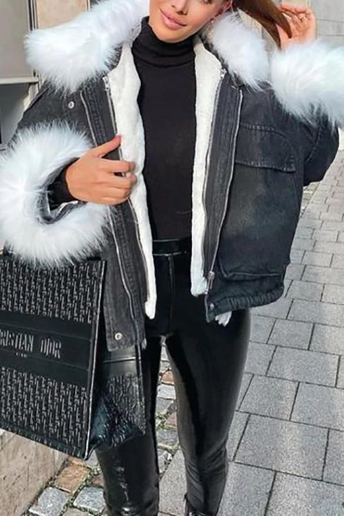 Levency Detachable Fuzzy Faux Fur Collar Denim Coat New In 20 Levency Detachable Fuzzy Faux Fur Collar Denim Coat New In