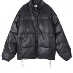 Levency New In Stand Collar PU Zipper Coat