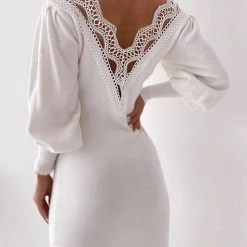 Levency Falling V Neck Lace Back Sweater Dress
