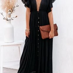 Levency New In Button Drawstring Waist Bat Maxi Cover Dress