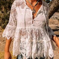 Levency Crochet Lace Half Sleeve Peplum Top New In