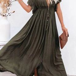 Levency New In Button Drawstring Waist Bat Maxi Cover Dress