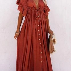 Levency New In Button Drawstring Waist Bat Maxi Cover Dress